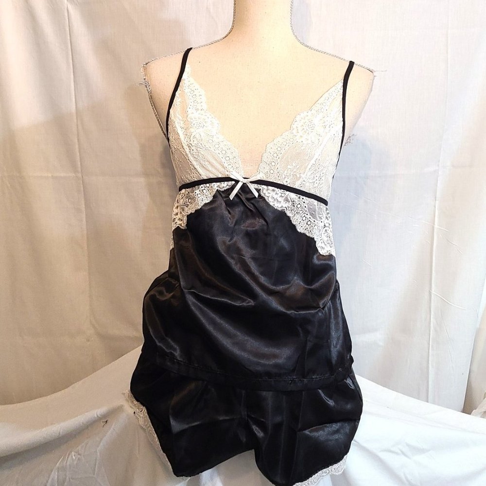 NWT Black Pajama Short Set Sexy Adult White Lace Nightie Teddie Lingerie Medium